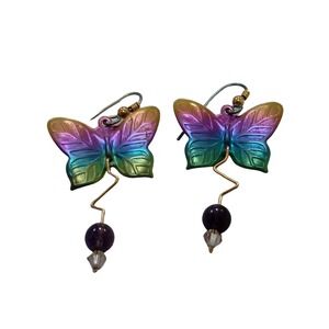 Butterfly Dangle Earrings Iridescent Purple Green Amethyst Bead Jewelry